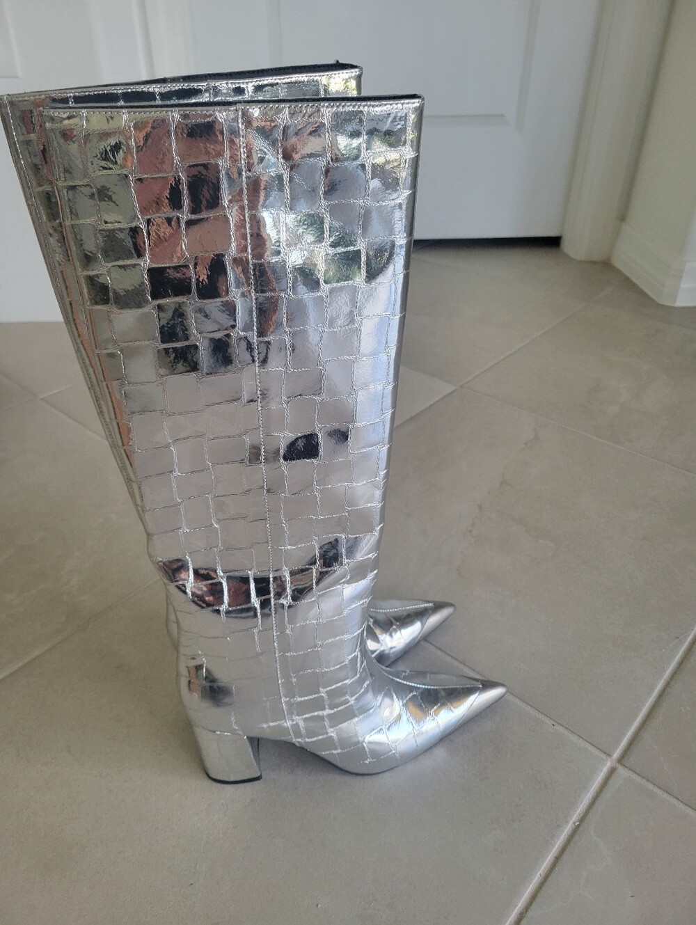 Kurt Geiger-London Metallic Silver Croc-Embossed Knee High Boots -NWT! - Picture 6 of 10